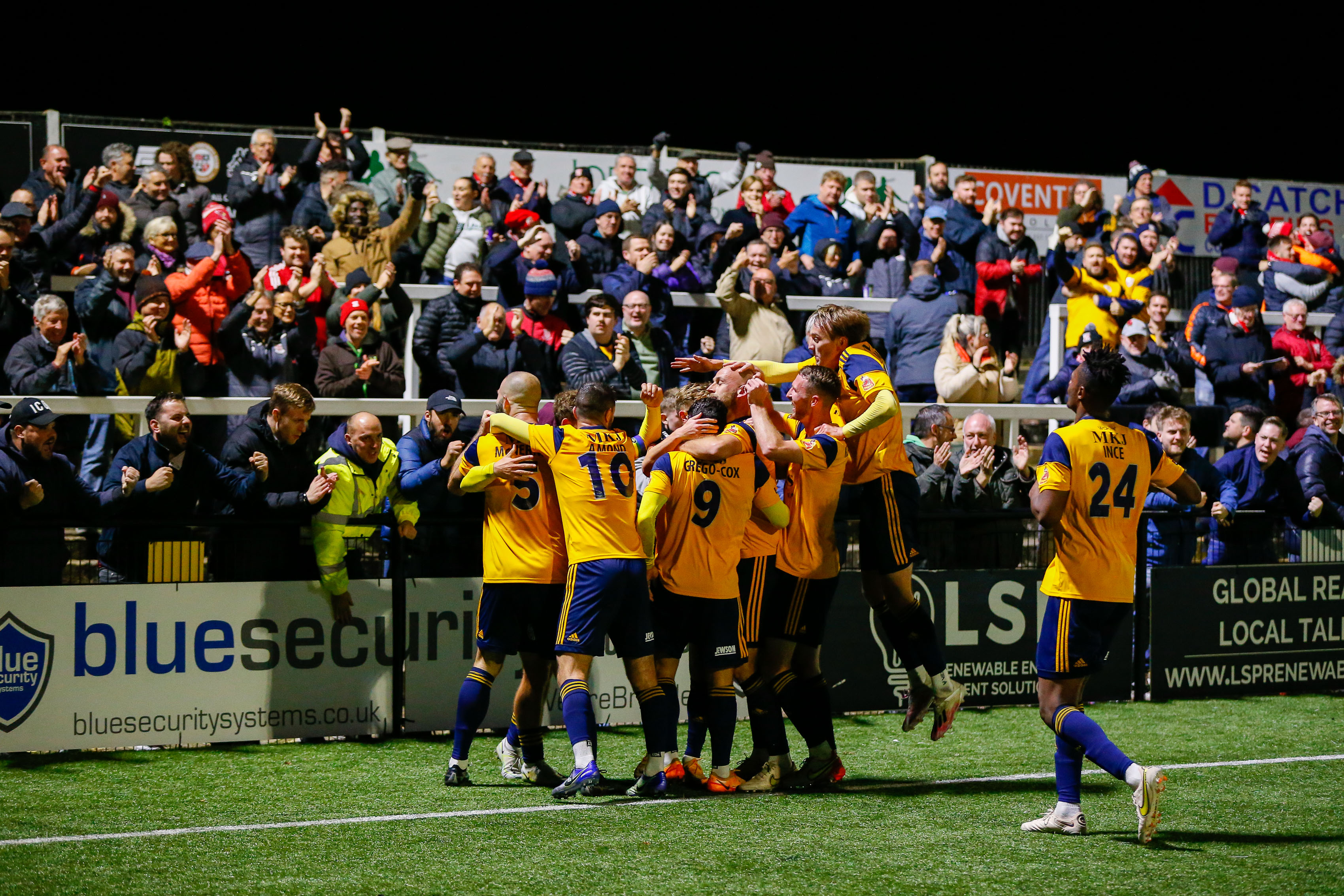 Celebrations after the second goal in the 2-0 win at Bromley